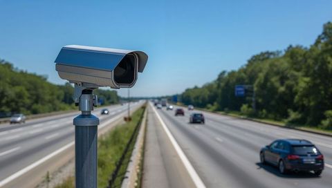 Highway surveillance camera monitoring multi-lane traffic on open motorway