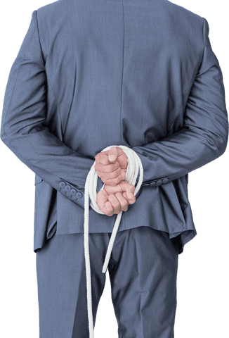 Transparent businessman hands tied with rope symbolizing constraint