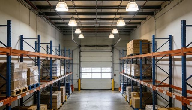 Industrial warehouse aisle with pallet racking, overhead lighting, roll-up loading door
