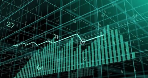 Futuristic 3D Bar Chart with Line Graph in Digital Grid