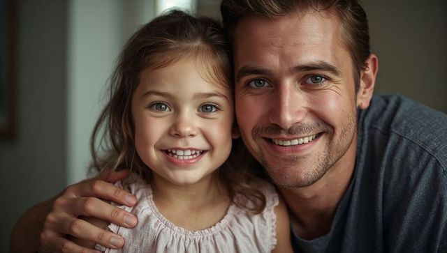 Smiling father and daughter embracing close-up portrait showing warm bond and affection