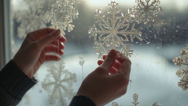 Hands decorating winter window with snowflake decals