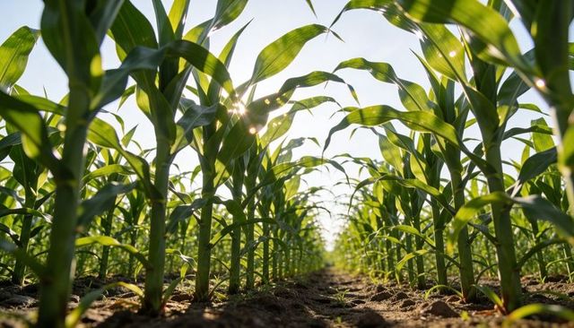 Sunlit young corn rows growing in furrowed soil with low-angle perspective and lens flare