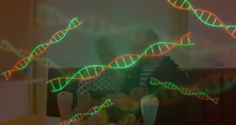 Couple Toasting Shakes with DNA Helix Overlay in Diner Atmosphere