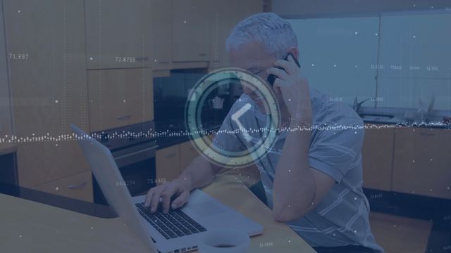 A man is multitasking by using a laptop and talking on the phone with a futuristic digital overlay displaying data and a clock icon. Ideal for illustrating concepts related to technology-driven business, remote working, data analysis, digital interfaces, and modern work environments.