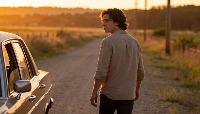 Young man walking on gravel road turning head back toward parked sedan at golden hour