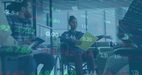 Wheelchair User Leading Finance Meeting with Overlapping Stock Graphics