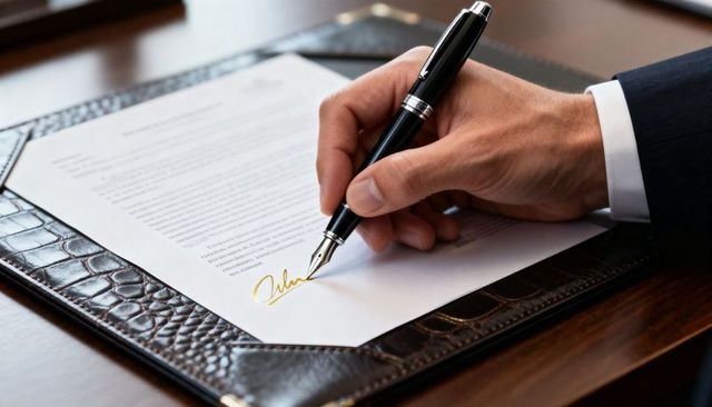 Executive signing contract with gold-fountain pen on crocodile leather desk pad