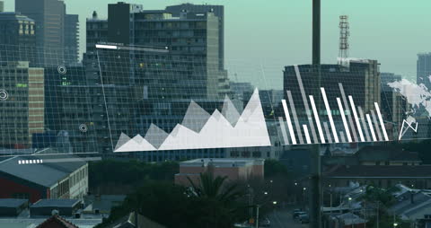 Animated Graphs with Futuristic Projected Data Over Cityscape