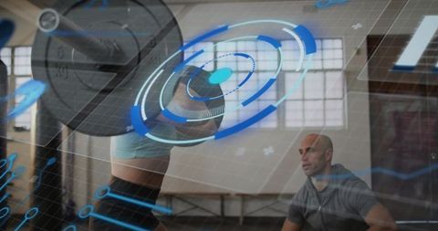 Woman performing overhead barbell press with ar fitness hud and coach monitoring technique