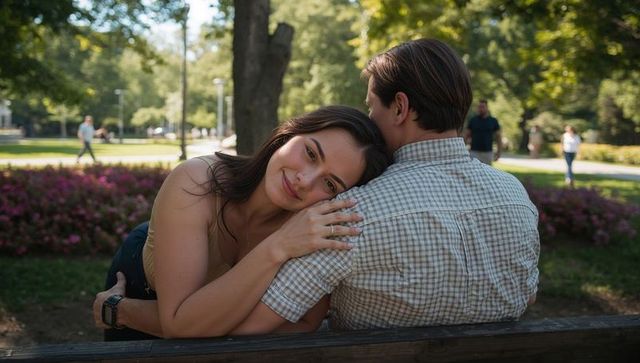Leaning couple resting on sunlit park bench, woman smiling while cuddling partner