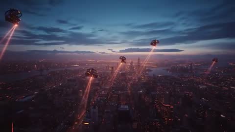 Futuristic Hovercrafts Scanning Urban Skyline at Dusk