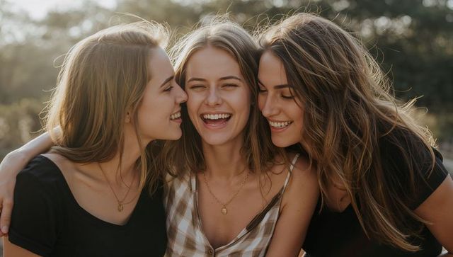 Friends laughing together in golden hour embrace - happy young women portrait