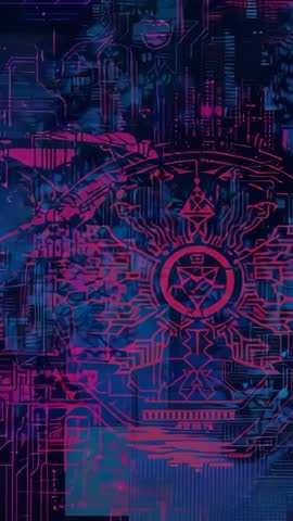 Pulsing Neon Pink Circuits Revealing Digital Emblem on Blue Grid Futuristic Vertical Video