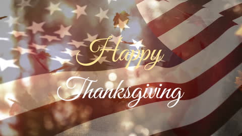 Happy Thanksgiving with Falling Autumn Leaves and USA Flag