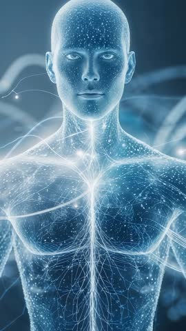 Futuristic humanoid pulsing neural light through data matrix showcasing energy flow vertical video
