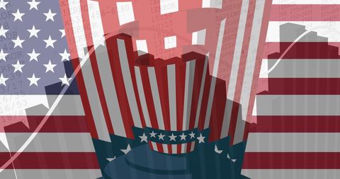 American Flag with Top Hat and Economic Charts