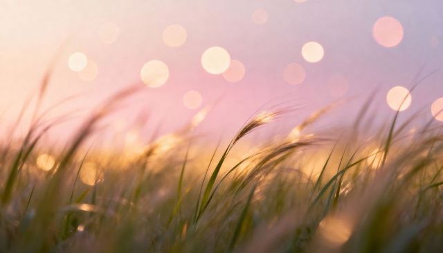 Glowing awned grass seed head basking in golden sunrise bokeh with dewy sparkle