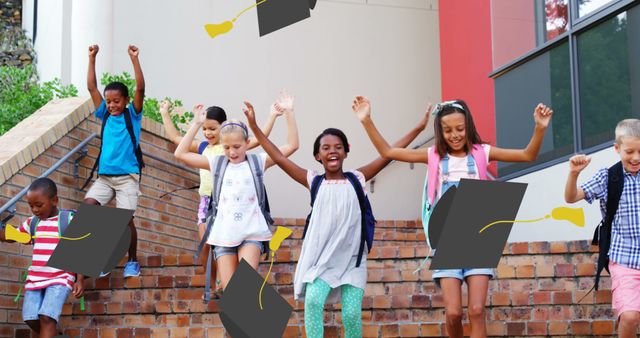 Image of school graduation hat icons over happy school children leaving school. education, learning and schooling concept digitally generated image.