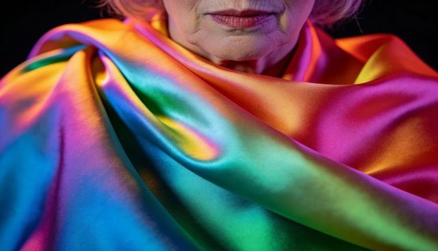 Senior woman draped in iridescent rainbow satin shawl closeup with lipstick accenting mouth