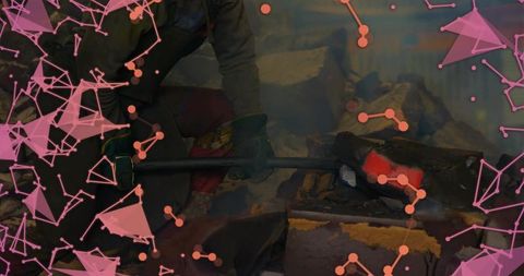 Blacksmith Forging Glowing Billet with Tongs in Industrial Workshop with Pink Mesh Overlay