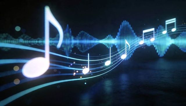 Gliding glowing musical notes riding cyan waveform across dark neon soundscape