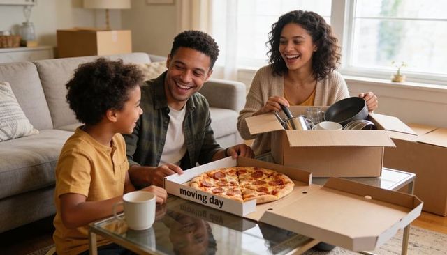 Family unpacking kitchen boxes and sharing pizza during cozy sunlit moving day