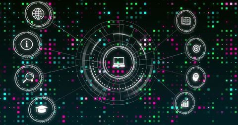 Neon Cyber Network HUD Showing Central Laptop and Connected Data Nodes in Pixel Matrix