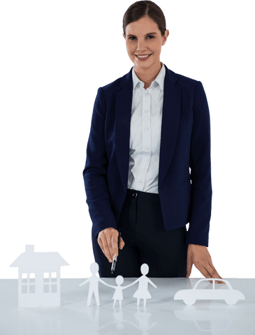 Woman illustrating transparent assets house family car concept