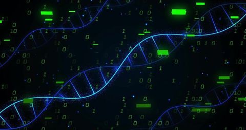 Futuristic DNA Helix with Binary Code Flowing in Cyberspace