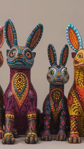 Vertical video panning colorful hand-painted rabbit alebrije sculptures on wooden shelf