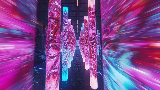 Neon led pillar tunnel creating kaleidoscopic corridor with reflective floor and mirrors