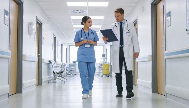 Doctor and nurse walking and reviewing clipboard in hospital corridor discussing patient care