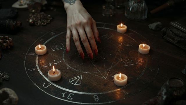 Woman performing mystical ritual over magical pentagram with candles