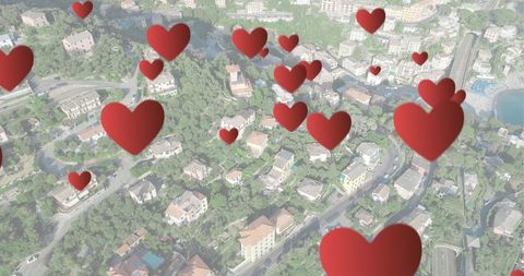 Floating Hearts Over Quaint Cityscape Linked to Global Connection
