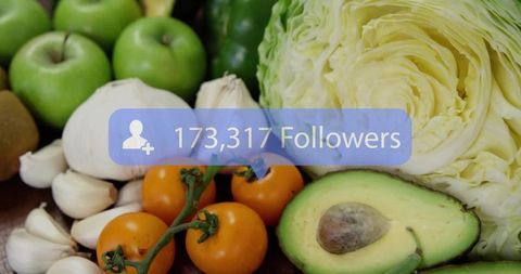 Organic produce display with engagement overlay showing followers
