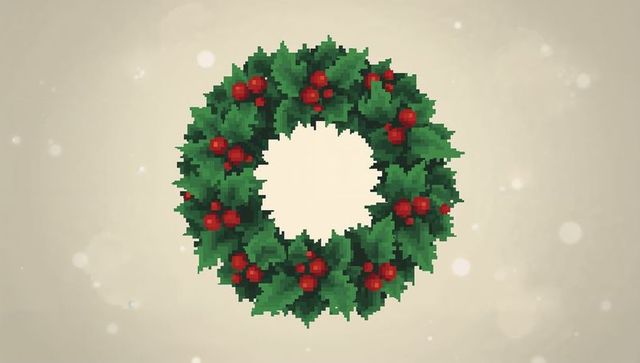 Pixel-art holly wreath with red berries on warm beige backdrop, retro minimal holiday graphic