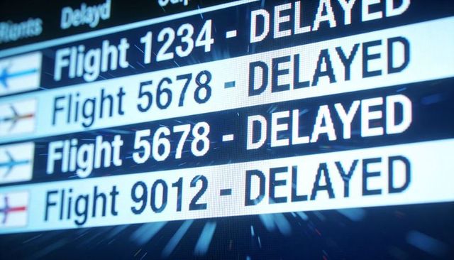 Displaying airport departure board listing multiple delayed flights with blue led glow