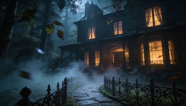 Foggy moonlit victorian manor with glowing windows and wrought-iron pathway at night