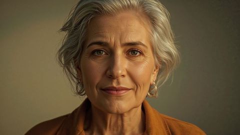 Old people with calm expression and hoop earrings posing indoors