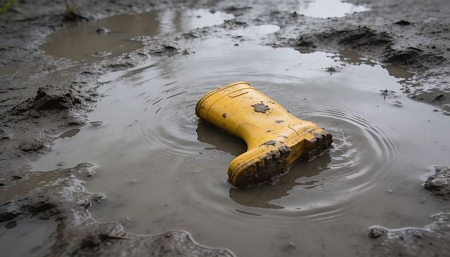 Lonely yellow rain boot lying in muddy puddle with rippled water and soil texture
