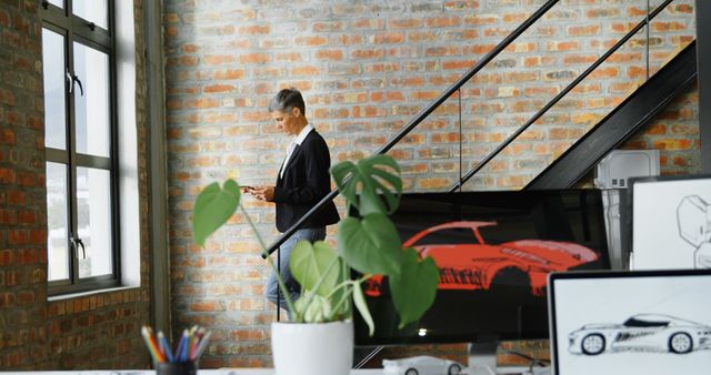 Architect standing near window using smartphone in modern loft studio with industrial design. Monstera plant and car design sketches on monitor suggesting a creative and innovative workspace. Great use for depicting modern work environments, architectural firms, and urban offices.