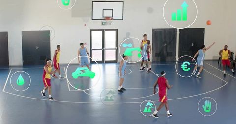 Dribbling fast break youth basketball team attack on indoor court with data overlays