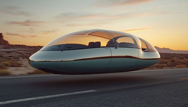 Futuristic Hover Pod Traveling Through Desert at Sunset