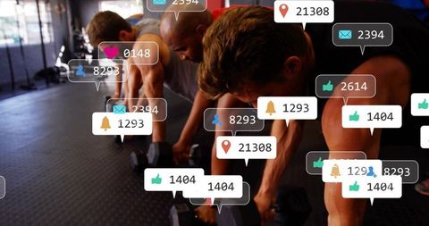 Group training with dumbbells and social media notifications overlay for fitness marketing