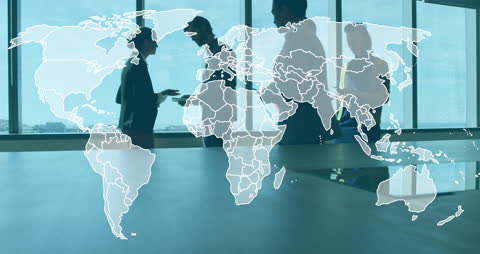 Global Business Meeting Overlaid on World Map in Office
