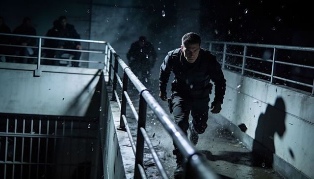 Tactical operative running across wet concrete parking ramp during intense night pursuit