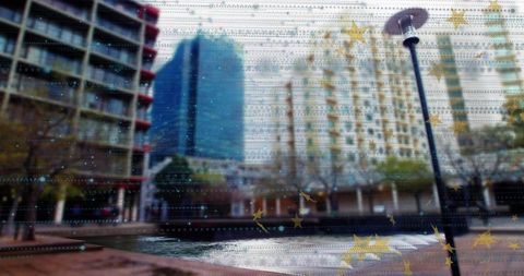 Urban Plaza with Modern Fountain and Decorative Gold Star Accents