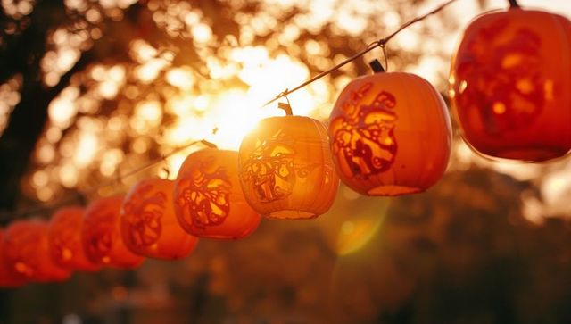 Pumpkin Lanterns Illuminating Garden at Sunset Festive Decor