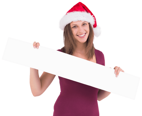 Brunette Woman in Santa Hat Holding Blank Transparent Banner